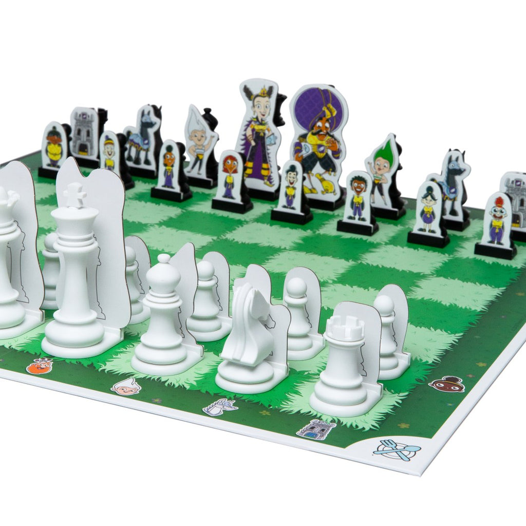 Image of Story Time Chess themed game board set up with pieces